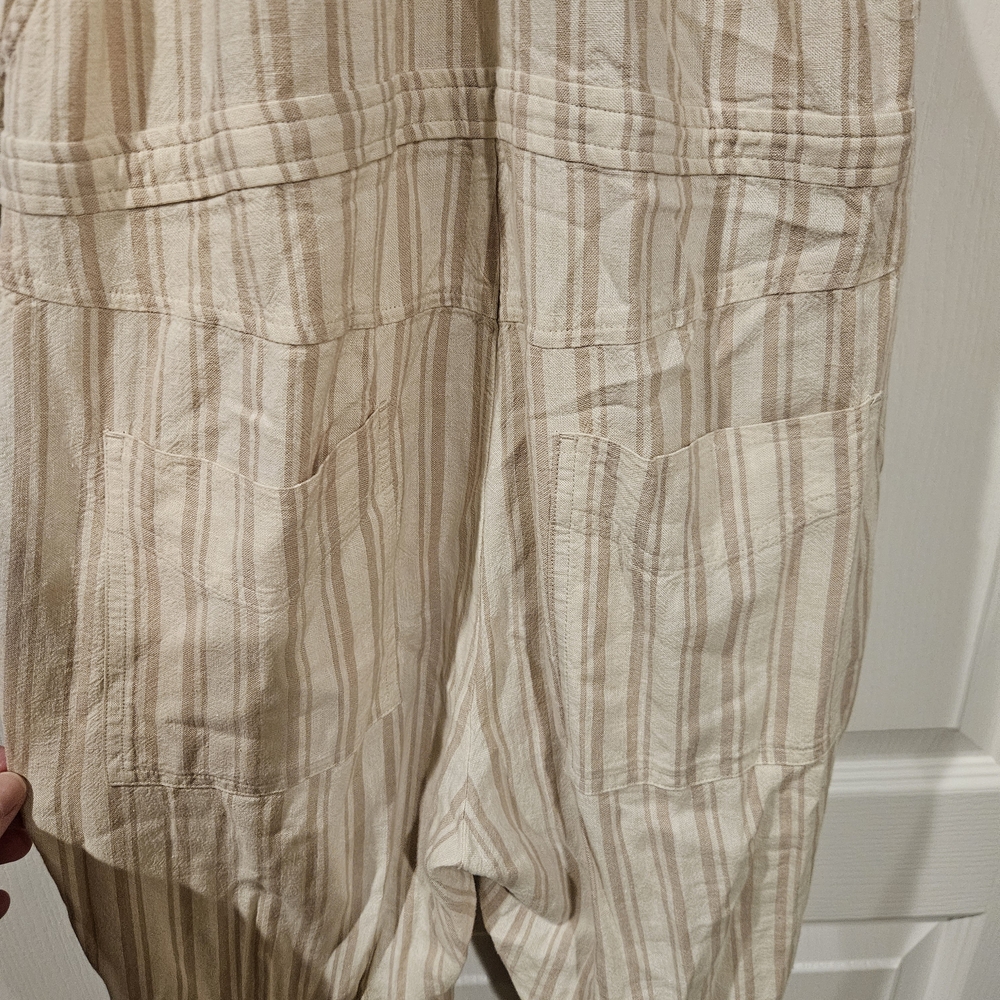 Cloth & Stone Anthropologie Cream Tan Stripe Linen Blend Comfy Overalls SZ XS - Picture 6 of 6